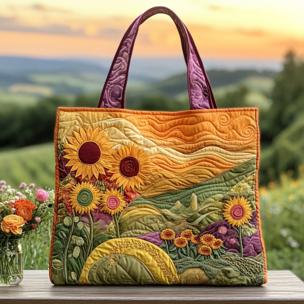 Sunset Meadow Bloom Quilted Tote Bag