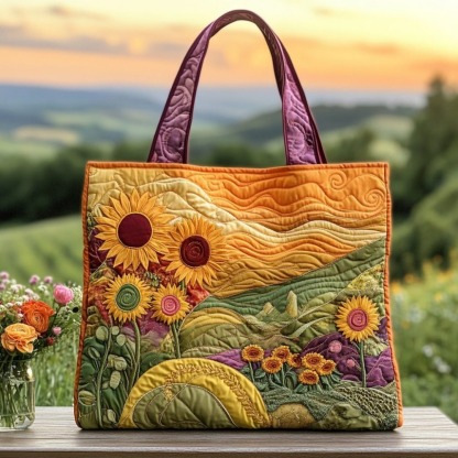 Sunset Meadow Bloom Quilted Tote Bag