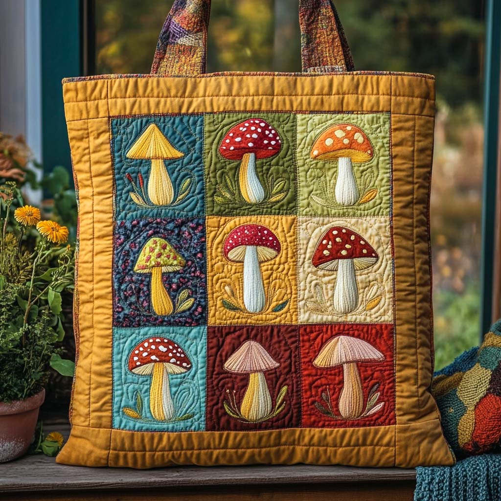 Teal Patch Mushroom Quilted Tote Bag NCU0NXD1180