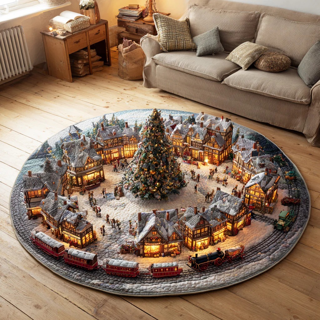 Holiday Train Quilted Round Mat 