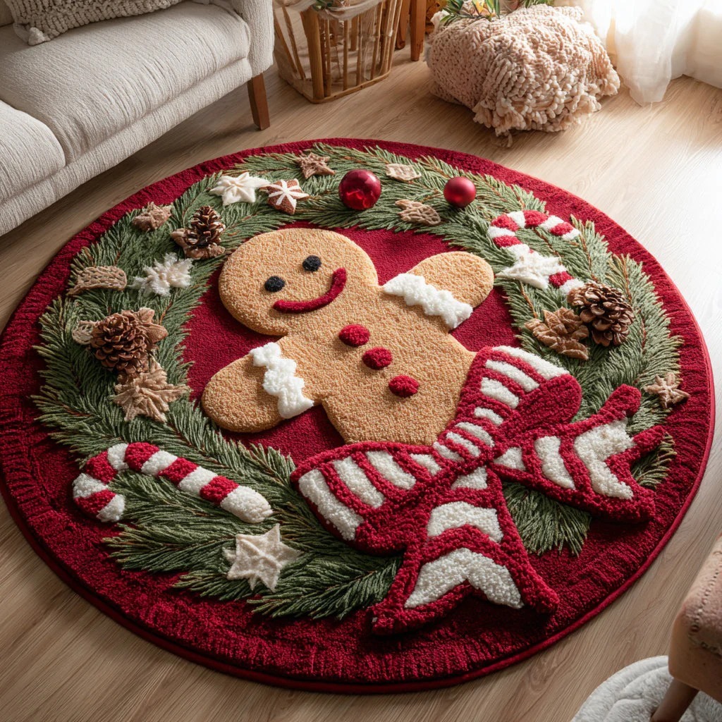 Santa Gingerbread Man Round Carpet