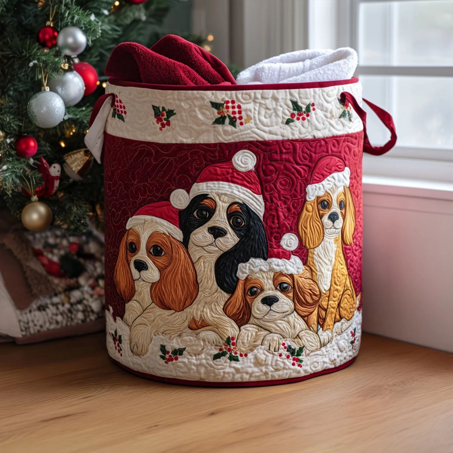 Holiday Spaniel Quilted Laundry Basket