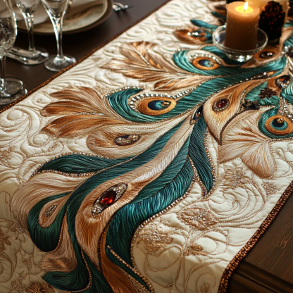Opulent Peacock Quilted Table Runner