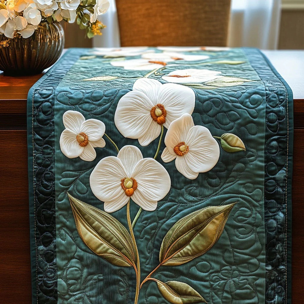 White Orchid Elegance Quilted Table Runner