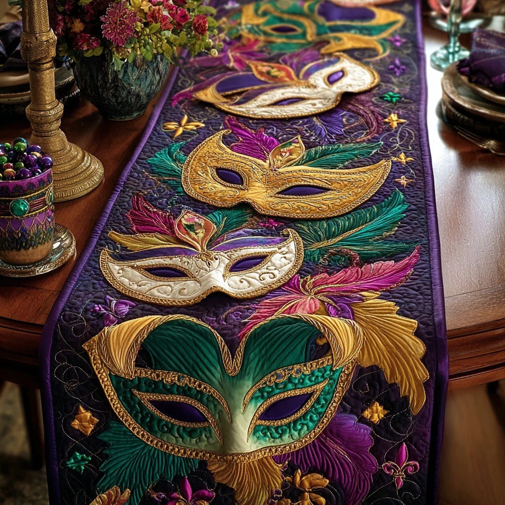 Gilded Mask ParadeQuilted Table Runner
