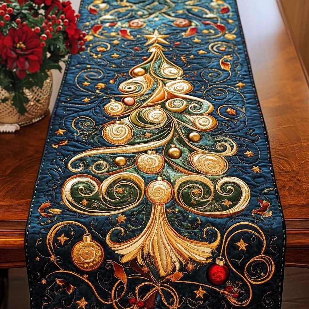 Golden Spiral Pines Quilted Table Runner 