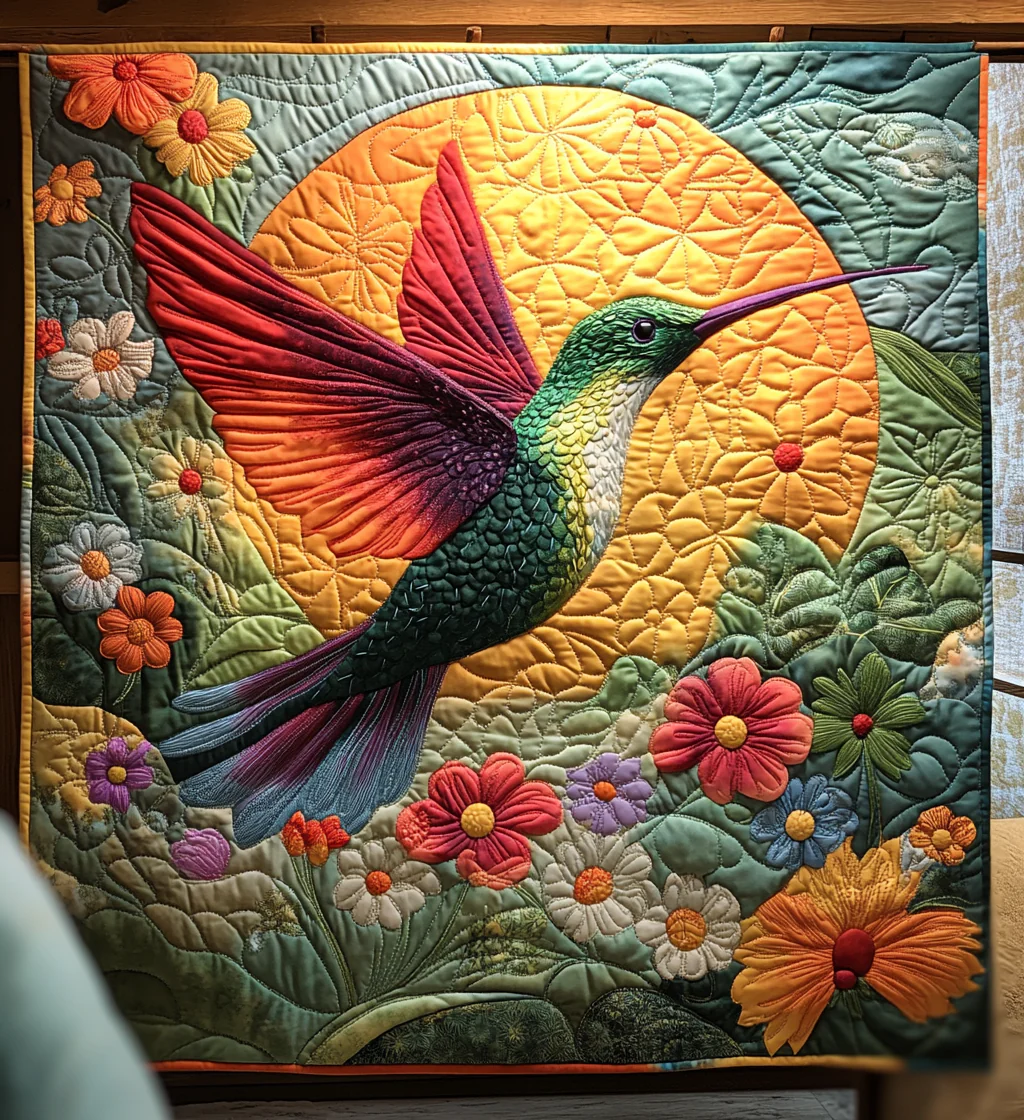 Sunshine Flower Hummingbird Quilted Blanket