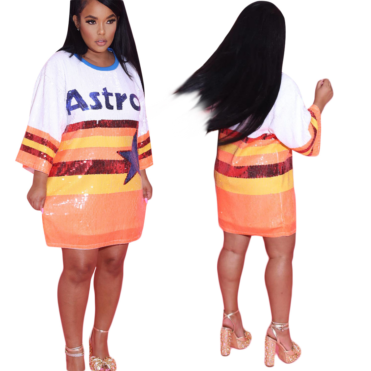 W0037 Cross border European and American Women's Fashion Round Neck Contrast Sequins Loose Temperament Casual Women's Dress