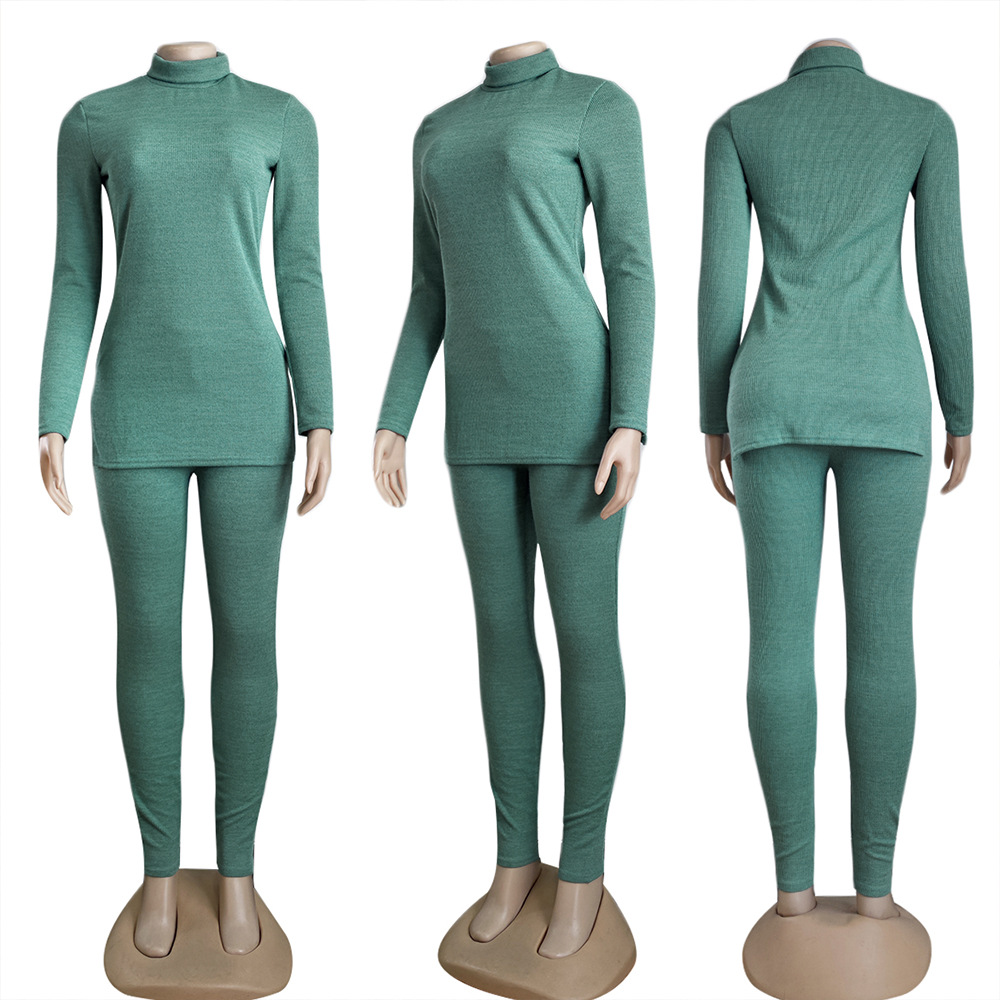 【 Hot Sale Promotion Benefit 】 Q6072 Autumn and Winter New High Neck Knitted Solid Color Slim Fit Sweater Set
