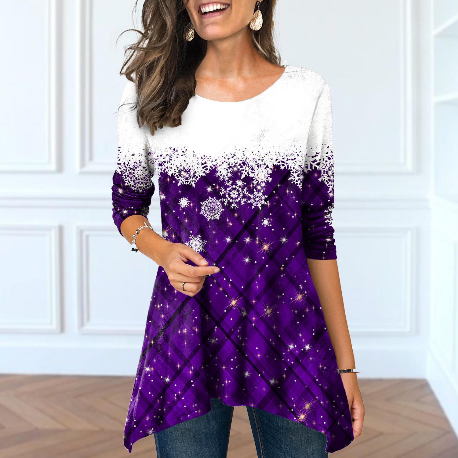 European and American T-shirts Fashion Plaid Snowflake