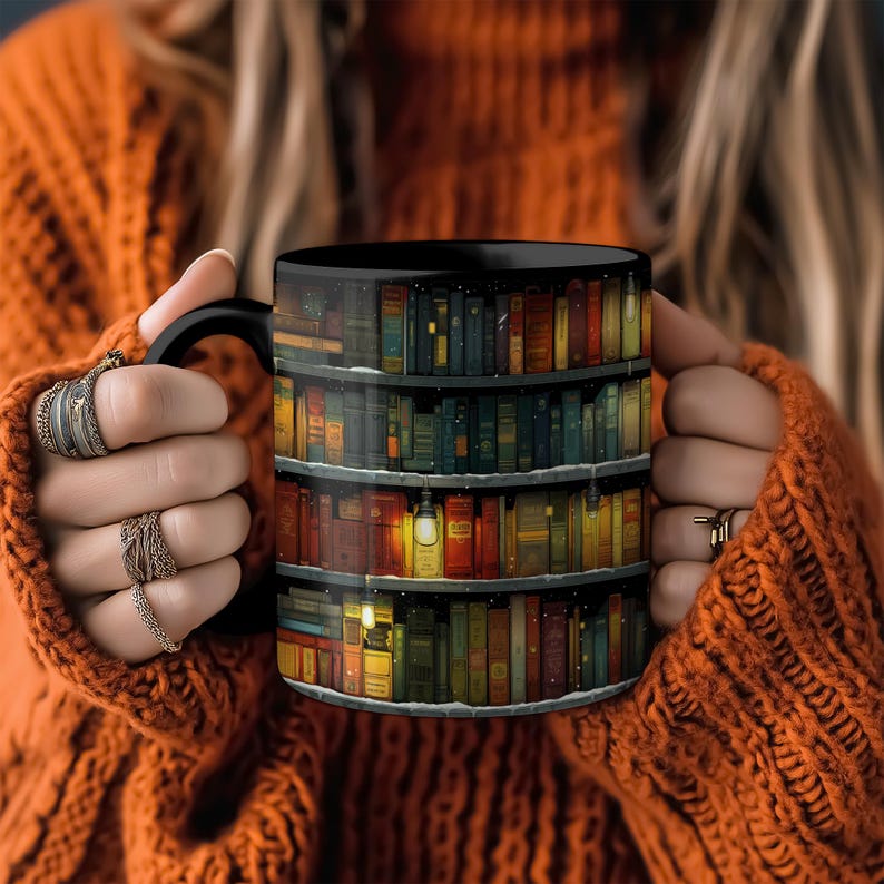 Bookish Coffee Mug for Book Lovers, Reading Coffee Cup, Cozy Book Mug, 3D Bookshelf Mug, Hot Cocoa Mug, Cute Book Gift, Literary Mug