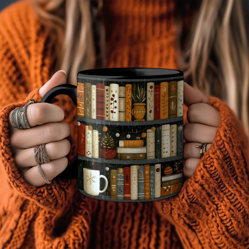 Bookish Coffee Mug for Book Lovers, Reading Coffee Cup, Cozy Book Mug, 3D Bookshelf Mug, Hot Cocoa Mug, Cute Book Gift, Literary Mug