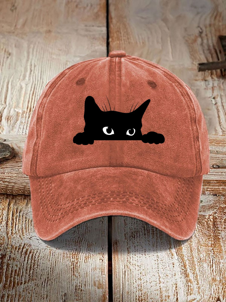 Unisex Washed Cotton Bend Casual Black Cat Print Hat
