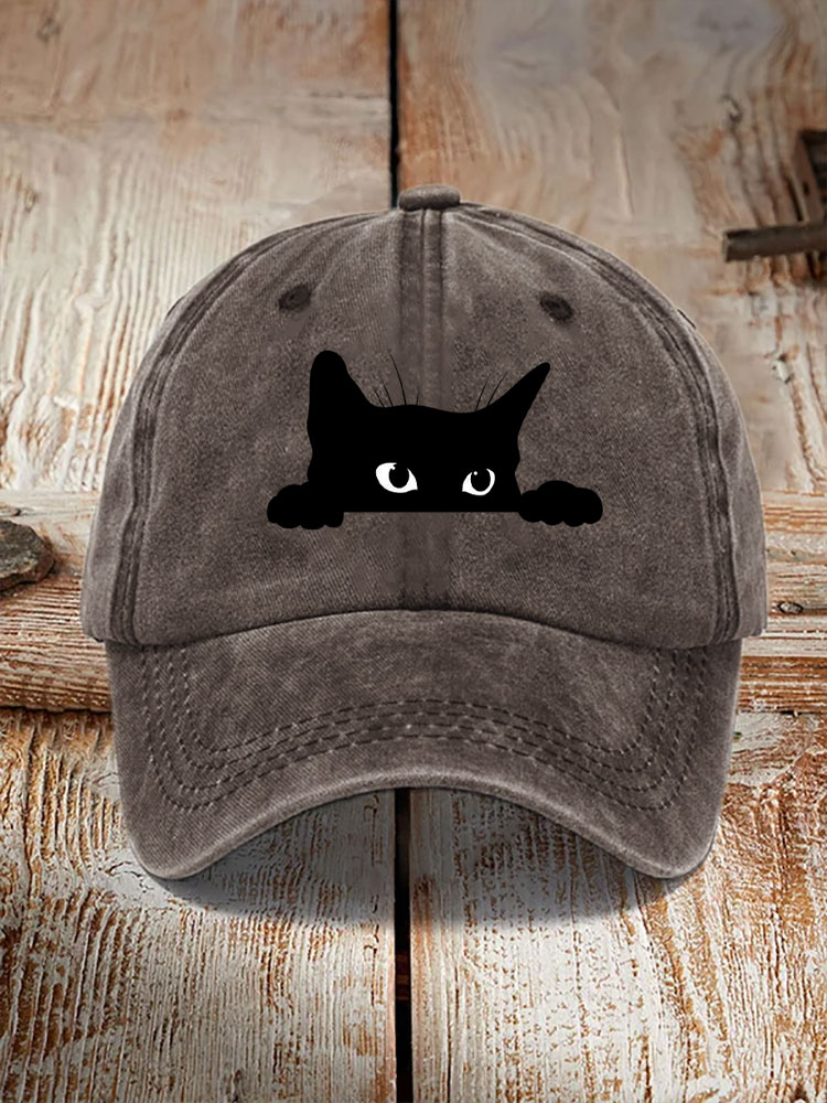 Unisex Washed Cotton Bend Casual Black Cat Print Hat