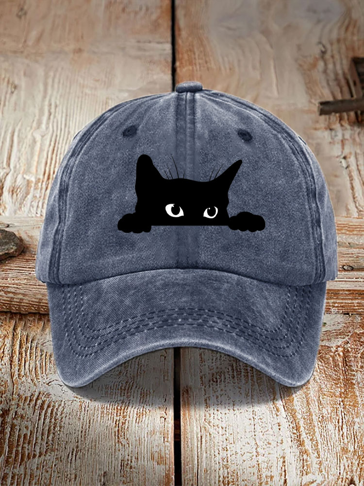 Unisex Washed Cotton Bend Casual Black Cat Print Hat