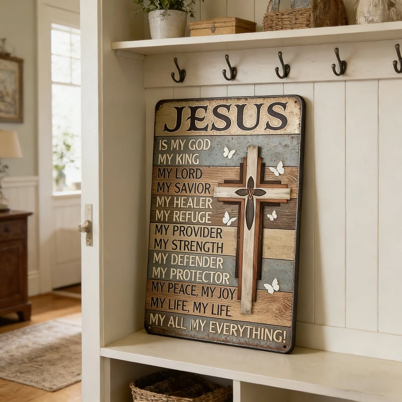 Jesus Is My God King Everything – Vintage Tin Sign 8x12 Inch Religious Metal Wall Art