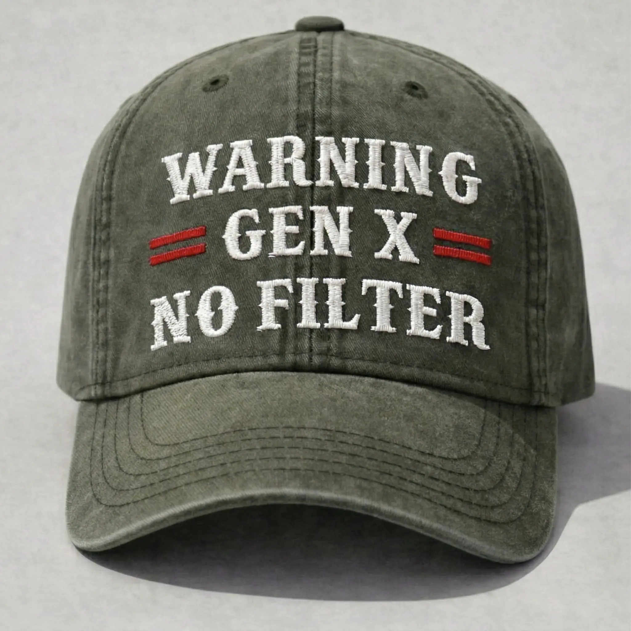 WARNING GEN X = NO FILTER Vintage Washed Dad Cap in Olive Green - Classic Unfiltered Generation X Embroidered Hat for Real Talk & Straight Vibes | Funny Gen X Streetwear 2026