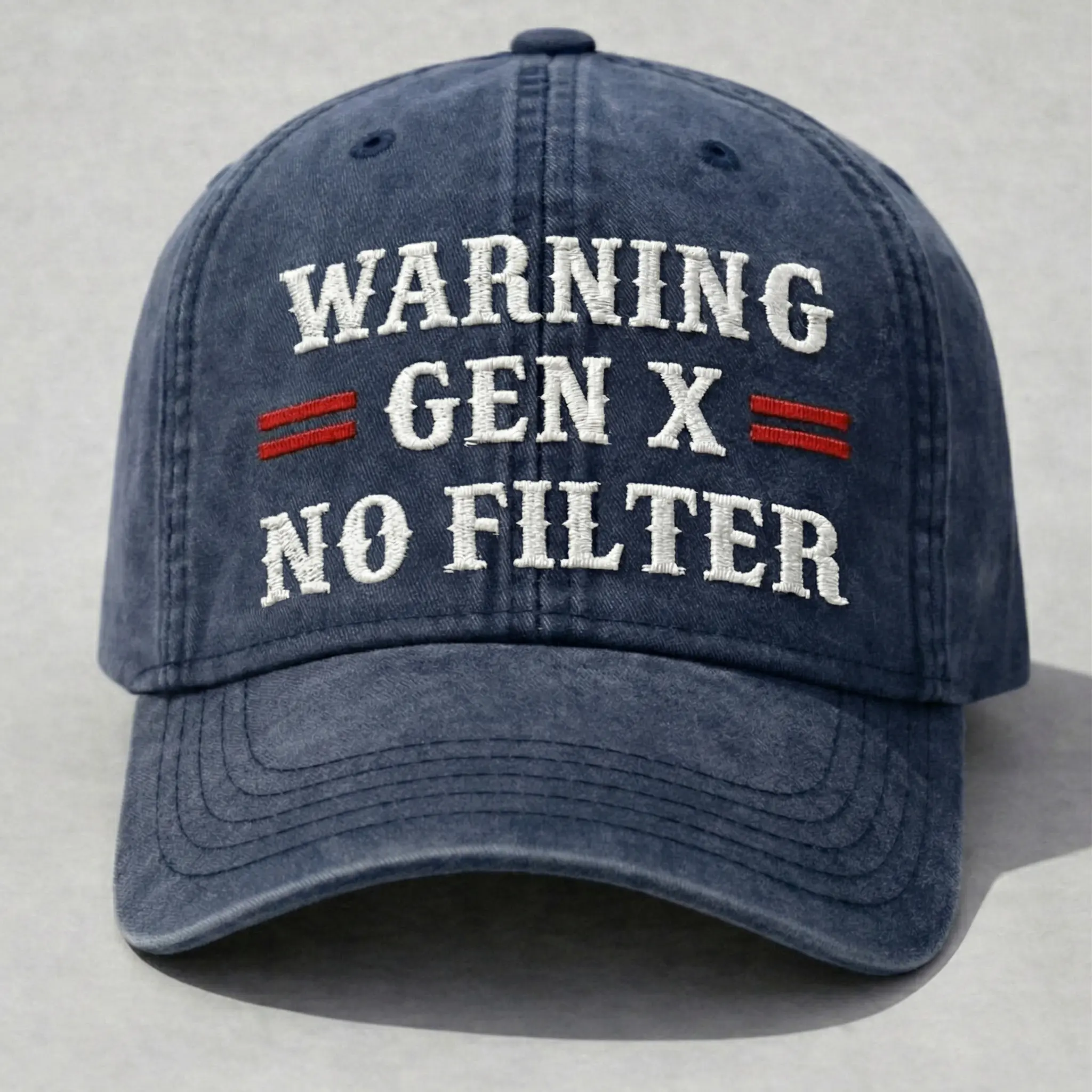 WARNING GEN X = NO FILTER Vintage Washed Dad Cap in Olive Green - Classic Unfiltered Generation X Embroidered Hat for Real Talk & Straight Vibes | Funny Gen X Streetwear 2026