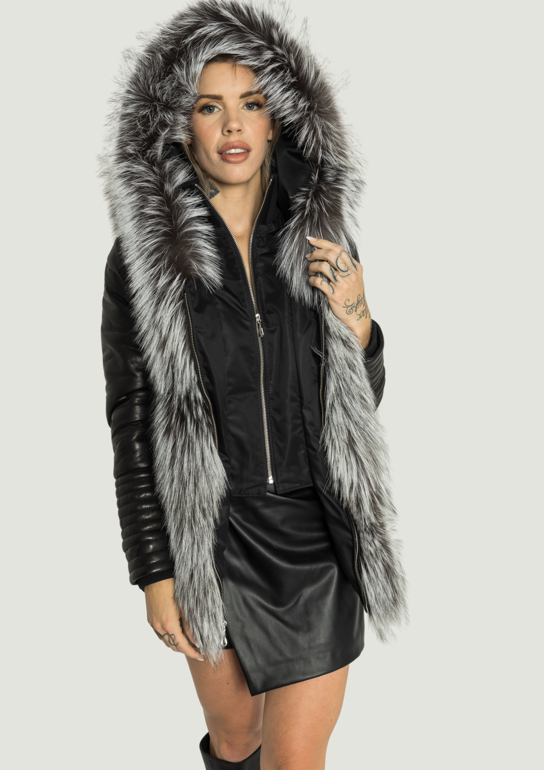 Kim Leather Sleeve Jacket with Silver Fox Fur