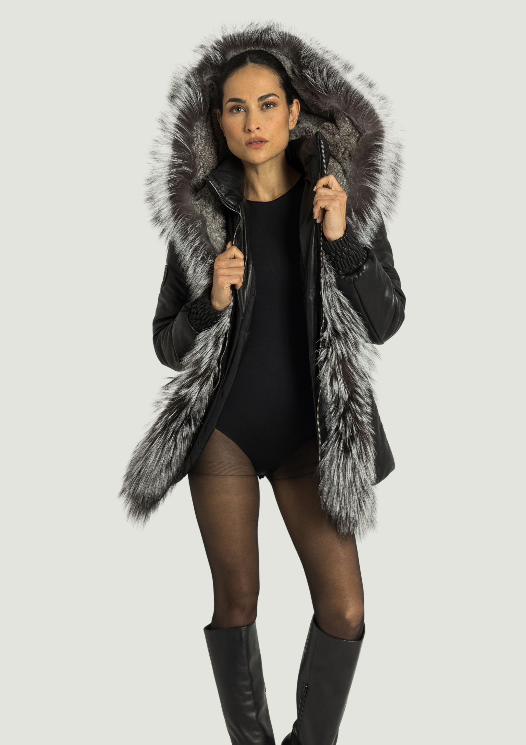 ESSEN  Leather Puffer with removable Silver Fox Fur