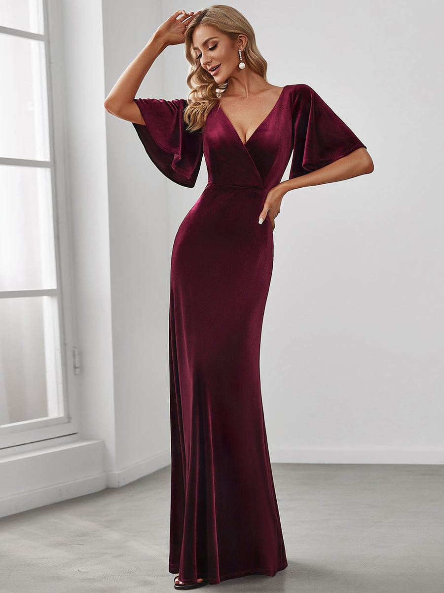Elegant Double V Neck Velvet Bridesmaid Dress for Women