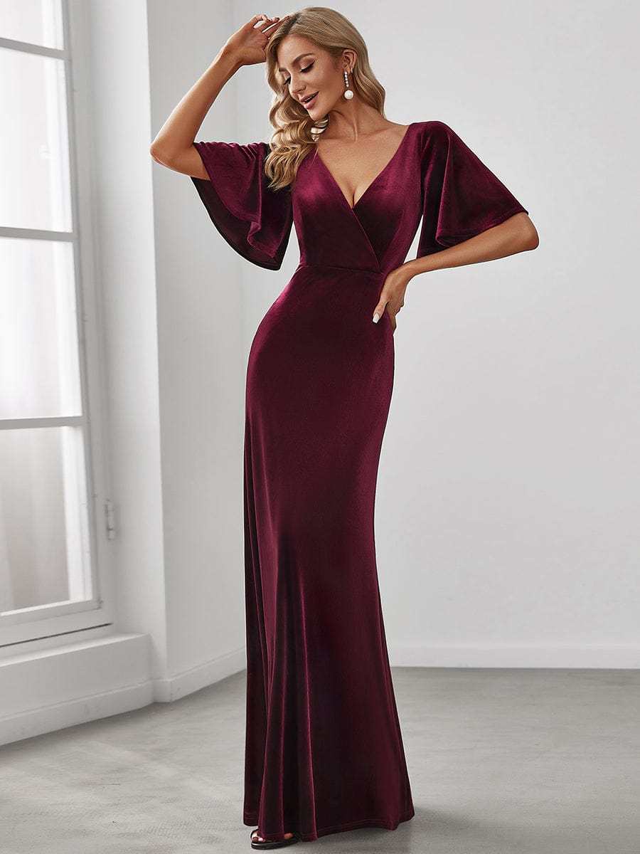 Elegant Double V Neck Velvet Bridesmaid Dress for Women