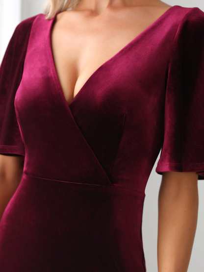 Elegant Double V Neck Velvet Bridesmaid Dress for Women