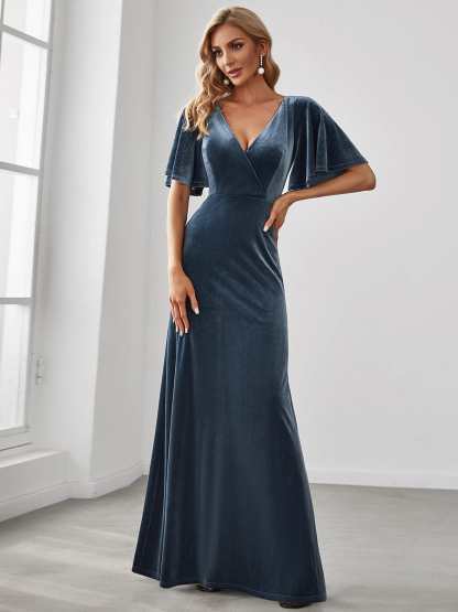 Elegant Double V Neck Velvet Bridesmaid Dress for Women