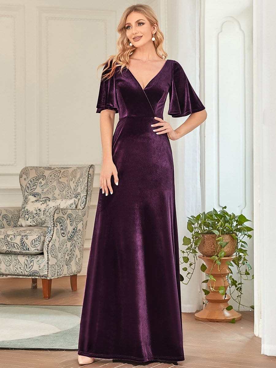 Elegant Double V Neck Velvet Bridesmaid Dress for Women