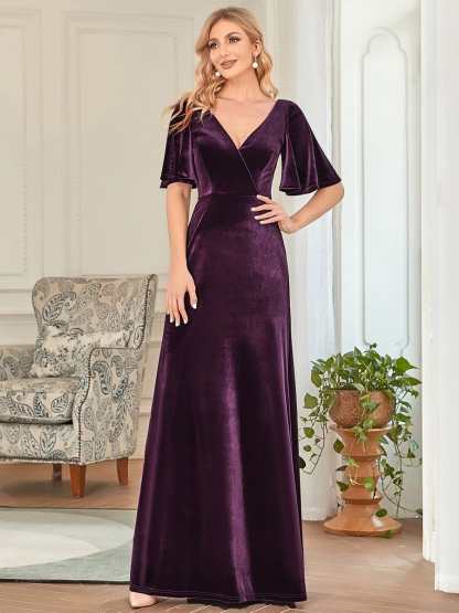 Elegant Double V Neck Velvet Bridesmaid Dress for Women