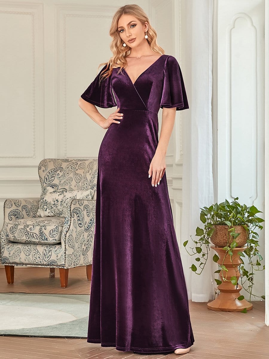 Elegant Double V Neck Velvet Bridesmaid Dress for Women