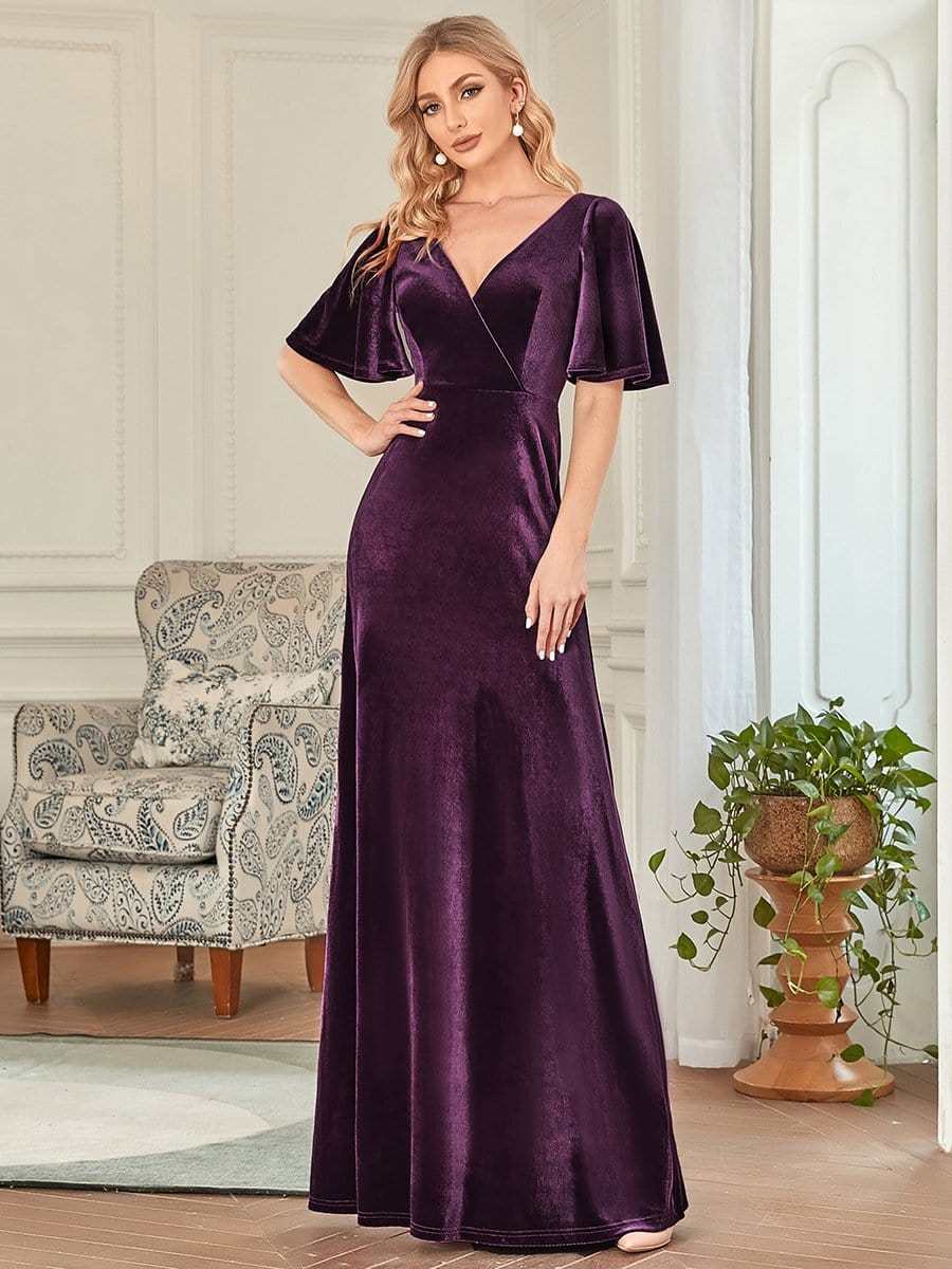 Elegant Double V Neck Velvet Bridesmaid Dress for Women