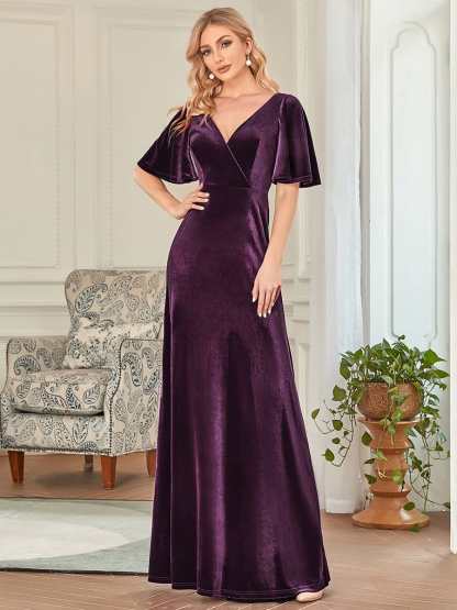 Elegant Double V Neck Velvet Bridesmaid Dress for Women