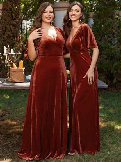 Elegant Double V Neck Velvet Bridesmaid Dress for Women