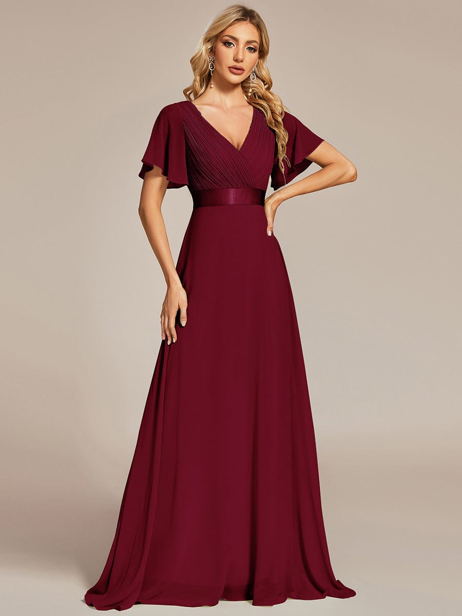 Long Empire Waist Bridesmaid Dress with Short Flutter Sleeves