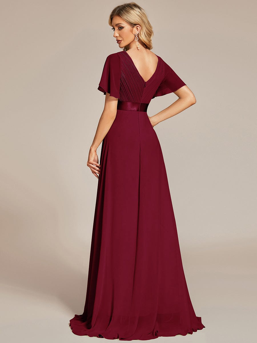 Long Empire Waist Bridesmaid Dress with Short Flutter Sleeves