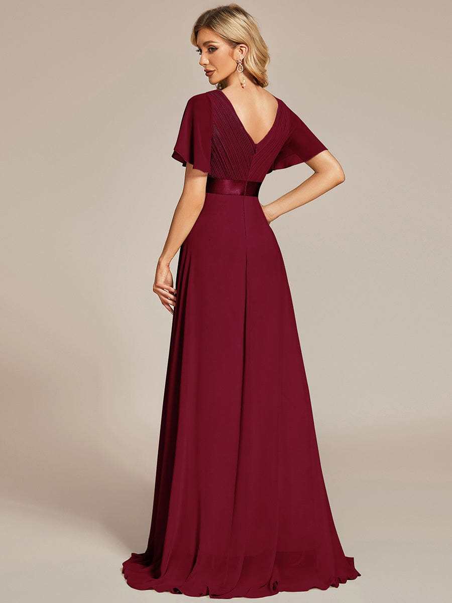 Long Empire Waist Bridesmaid Dress with Short Flutter Sleeves