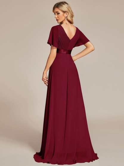Long Empire Waist Bridesmaid Dress with Short Flutter Sleeves