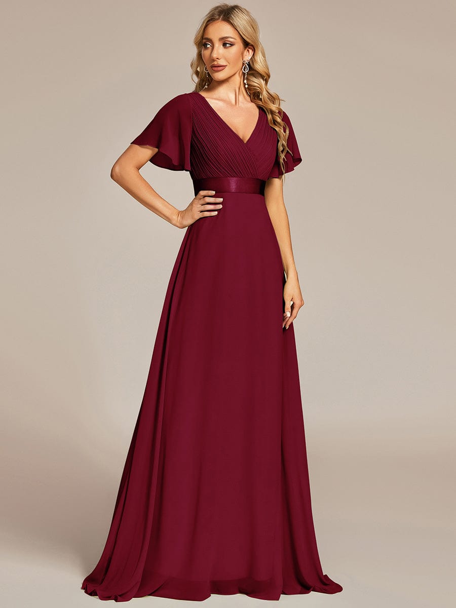 Long Empire Waist Bridesmaid Dress with Short Flutter Sleeves