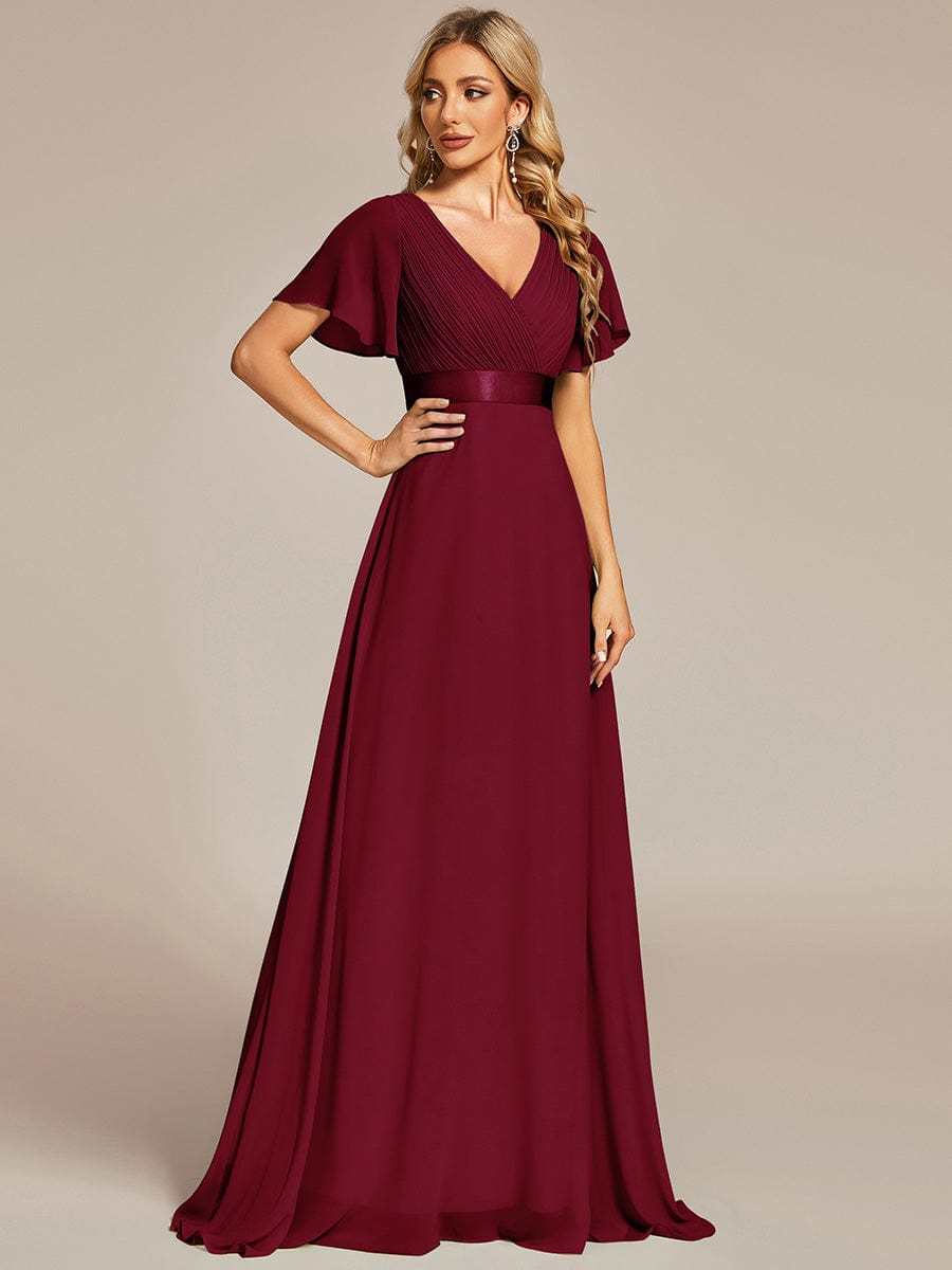 Long Empire Waist Bridesmaid Dress with Short Flutter Sleeves