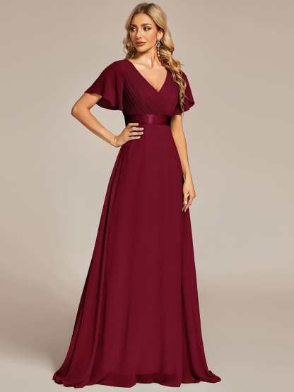 Long Empire Waist Bridesmaid Dress with Short Flutter Sleeves