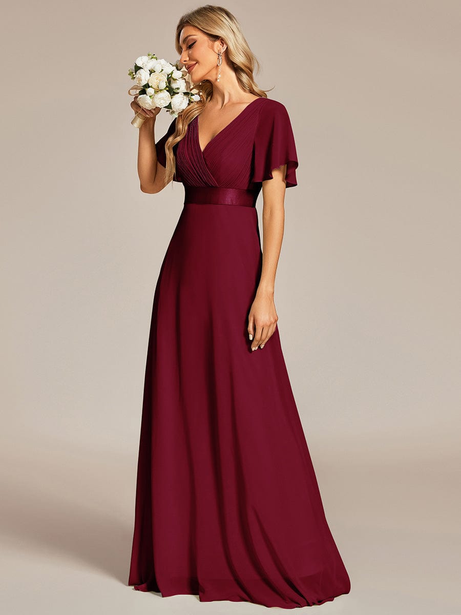 Long Empire Waist Bridesmaid Dress with Short Flutter Sleeves
