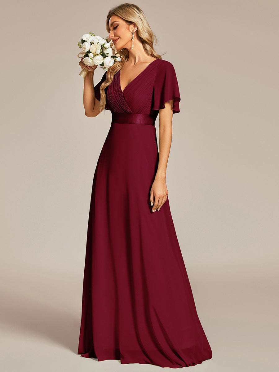 Long Empire Waist Bridesmaid Dress with Short Flutter Sleeves