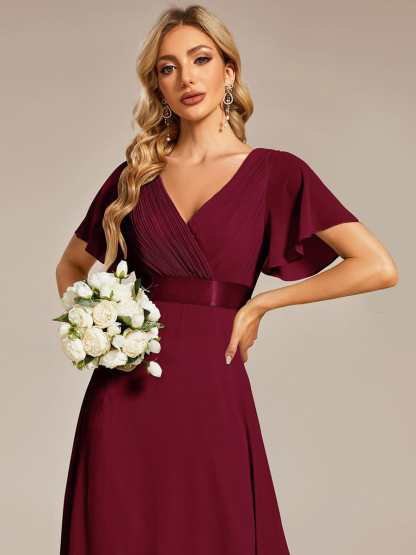 Long Empire Waist Bridesmaid Dress with Short Flutter Sleeves