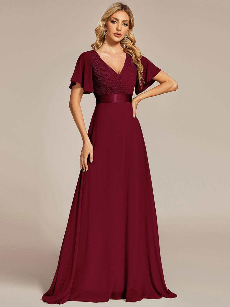Long Empire Waist Bridesmaid Dress with Short Flutter Sleeves