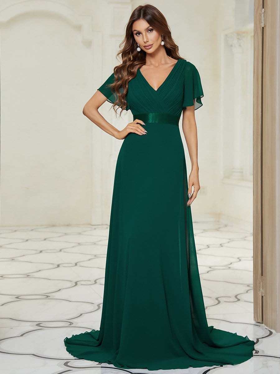 Long Empire Waist Bridesmaid Dress with Short Flutter Sleeves
