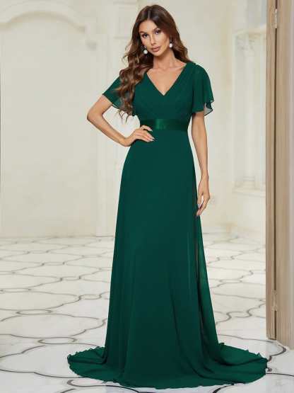 Long Empire Waist Bridesmaid Dress with Short Flutter Sleeves