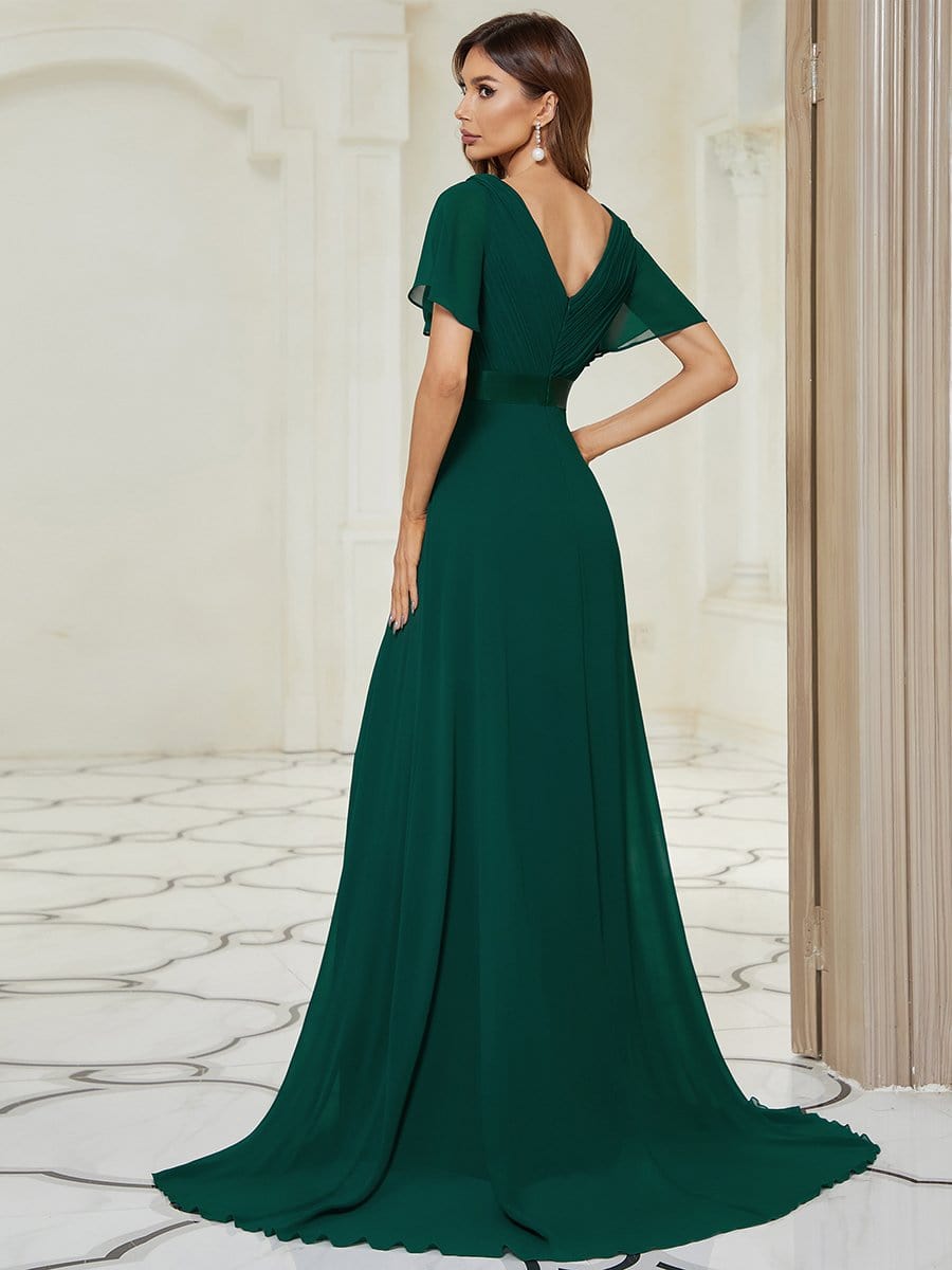 Long Empire Waist Bridesmaid Dress with Short Flutter Sleeves