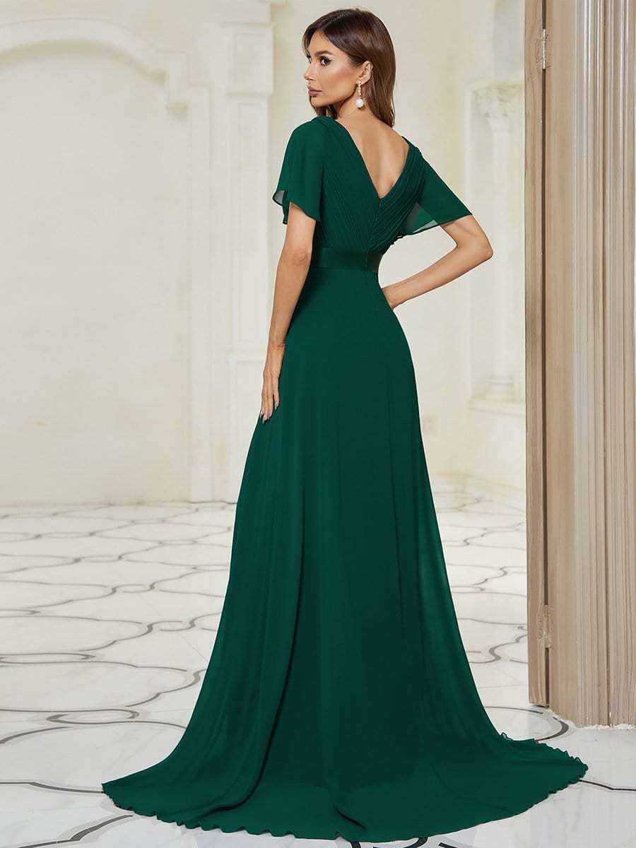 Long Empire Waist Bridesmaid Dress with Short Flutter Sleeves