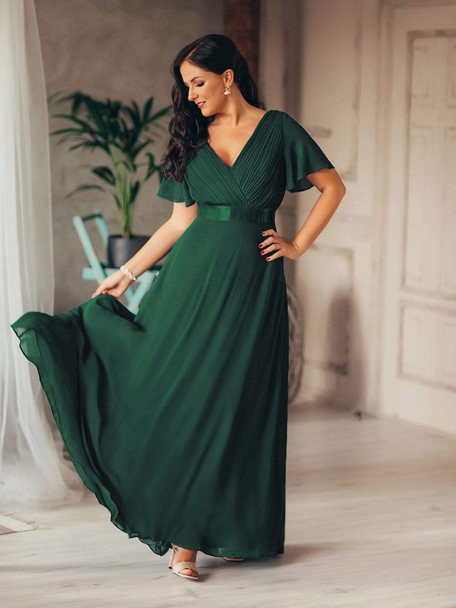 Long Empire Waist Bridesmaid Dress with Short Flutter Sleeves